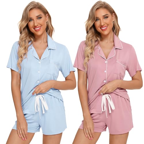 Leikar 2 Pack Button Up Pajama Set For Women Sleepwear Soft Pjs Bride Pajamas - color: Light Blue/Pink, size: Medium