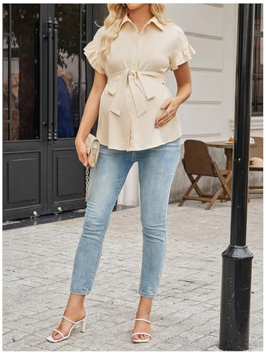 MakeMeChic Women's Maternity Nursing Work Blouse Pregnancy Ruffle Tops - color: Beige, size: XX-Large