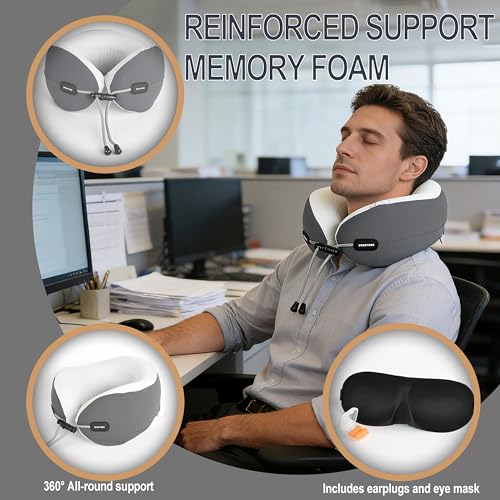 Travel Neck Pillow, Memory Foam Airplane Pillow for Long Flights - color: Grey