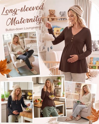 Cutecrop 3 Pack Maternity Long Sleeve V Neck Shirt - color: Black, Brown, Apricot, size: Small