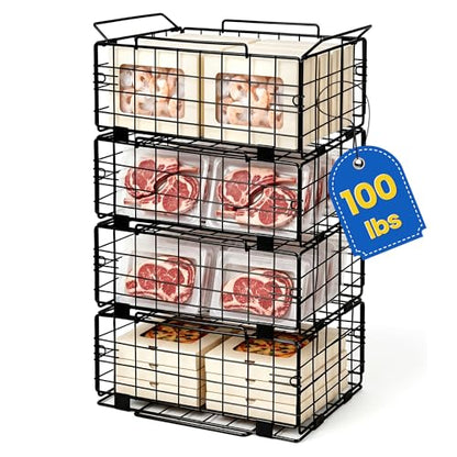 Reinforced Freezer Organizer Bins, 4 Pack Heavy Duty Metal Freezer Baskets, Stackable Deep Freezer Storage with Handles, Maximize Chest Freezer Space, No Assembly Required - size: 4 Pack