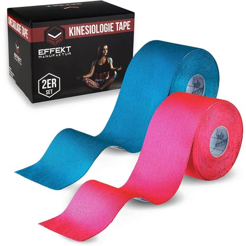 Effekt Manufaktur Kinesiology Tape Waterproof (16 ft x 2 in), 2 Rolls - Elastic Physio Tape for Muscle Support and Injury Recovery, Medical Tape, Kinetic Tape, Durable Kinesthetic Tape (Blue + Pink) - color: Blue + Pink