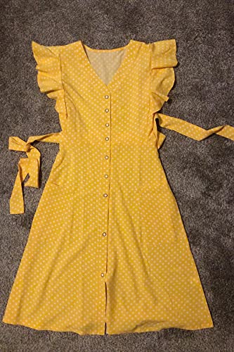 MITILLY Women's Boho Polka Dot Flutter Short Sleeve V Neck Button Down Swing Midi Dress with Pockets - color: 04 Yellow, size: X-Large