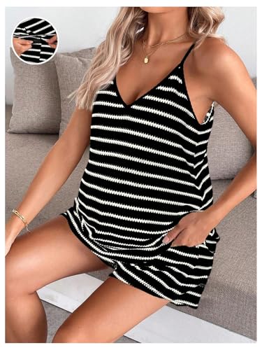 MakeMeChic Women's Maternity 2 Piece Striped Shorts Set - color: Black, size: Medium