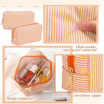 Sanwuta 6 Pcs Seersucker Cosmetic Bags Bulk, Striped Zippered,Orange - color: Orange