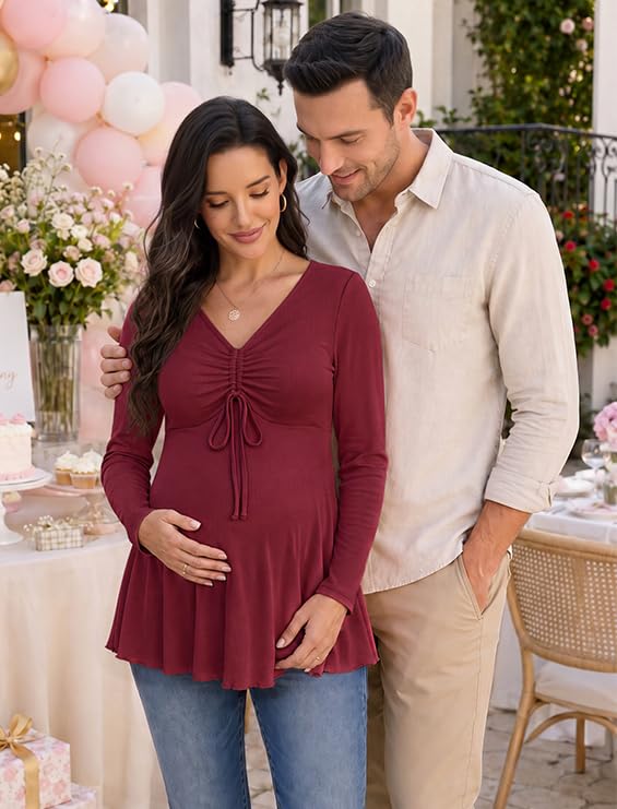 Genhoo Womens Long Sleeve Maternity Tops Ribbed V Neck Maternity Shirts - color: Wine Red, size: XX-Large