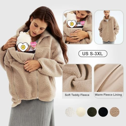 Maternity Coat Winter Mom Cozy Thicken Coats Fleece Sherpa Jacket - color: Khaki, size: Large