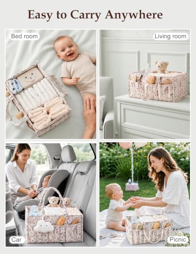 Quilted Diaper Caddy Organizer with Handle, Portable Nursery Storage Basket - color: Flower Leaf