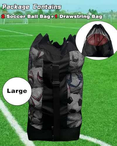 Soccer Ball Bag for Coaches,Heavy Duty Mesh Ball Bag Drawstring Bag - color: Black-2+1 PCS, size: Large