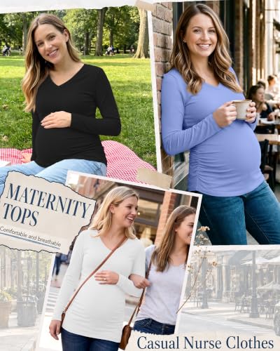 3 Pack Women Maternity Shirts Scrub Tops Side Ruched - color: Black, White, Sky Blue, size: Large