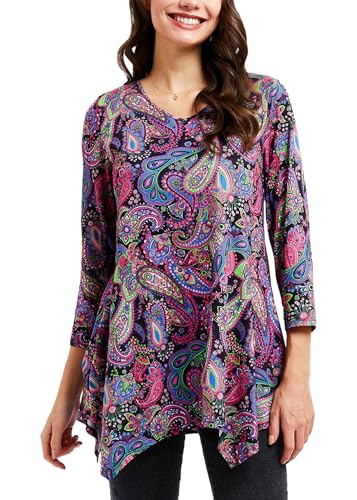 ENMAIN Women's Tops Plus Size Tunic Tops 3/4 Sleeve Flare Hem Paisley Print Loose Fit Casual Blouse to Wear with Leggings - color: A3-plum Purple & Paisley, size: Small