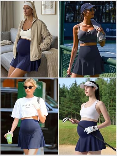 Ecavus Maternity Tennis Skirt, High Waisted Athletic Skirt with Pockets - color: Navy, size: Large