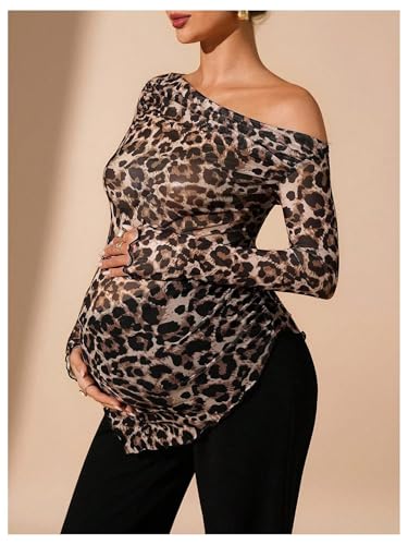 WDIRARA Women's Maternity Shirts Leopard Off The Shoulder Tops Long Sleeve Pregnancy Tee Shirts - size: Medium