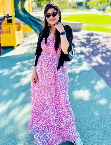 Tobrief Women's Boho Dress Summer Spaghetti Strap Square Neck Flowy Ruffle Beach Long Maxi Dress - color: 04 Pink Floral, size: Medium