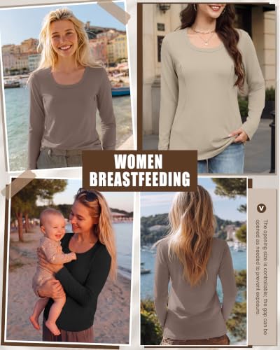 3 Pack Women's Long Sleeve Nursing Tops - color: Coffee, Apricot, Black, size: Large