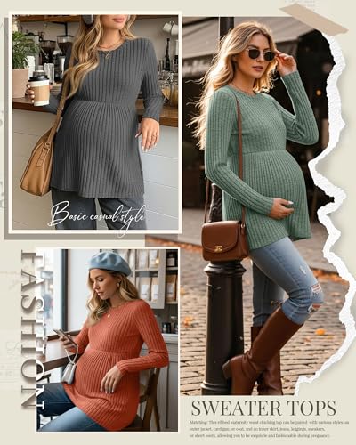 3 Pack Maternity Shirts Long Sleeve Ribbed Sweaters - color: Caramel, Green, Dark Gray, size: Large