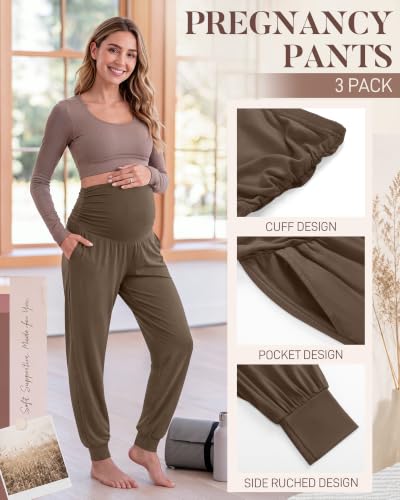Neer 3 Pack Maternity Joggers Lounge Sweatpants with Pockets - color: Black, Army Green, Light Coffee, size: Small