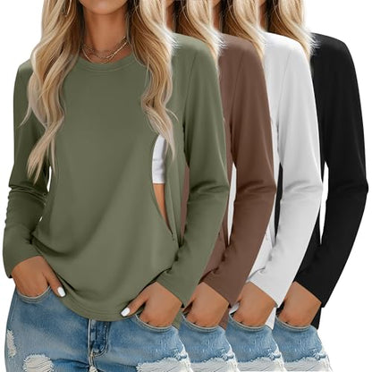 4 Pack Nursing Breastfeeding Tops with Hidden Zipper - color: Army Green, Brown, White, Black, size: Medium