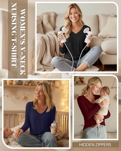 Huukeay 3 Pack Maternity Nursing Tops Breastfeeding Shirts - color: Black, Navy Blue, Wine Red, size: Medium
