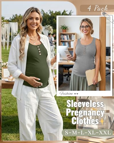 4 Pack Maternity Henley Tank Tops - color: Army Green, Coffee, Light Gray, Black, size: Small