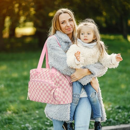 Tenot Diaper Bag Tote, Baby Bag with Pacifier Case, Pink Checkered - color: Pink Checkered