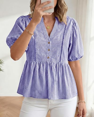 dowerme Women Lantern Sleeve Button Up Stripes Babydoll Tops - color: Dark Blue, size: Medium
