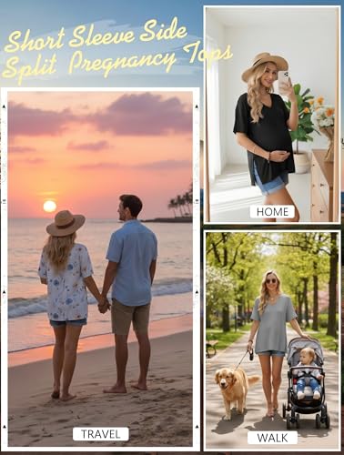 Ekouaer Maternity Shirts 3 Pack Oversized Pregnancy Tops Summer Clothes - color: 3 Pcs Black/ Grey/ White Flower, size: Medium