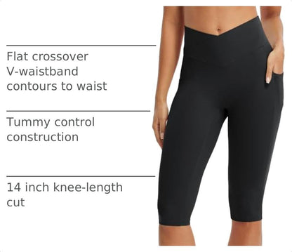 baleaf Womens Capri Leggings with Pockets V Waistband - color: Black, size: Large