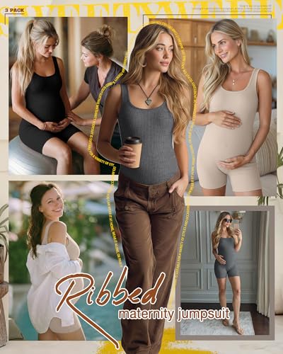 3 Pack Maternity Rompers for Women - color: Black, Dark Heather Gray, Apricot, size: Large