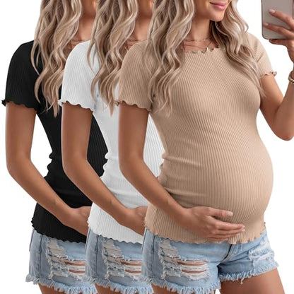 3 Pack Women's Maternity Ribbed Shirts - color: Black, Khaki, White, size: XX-Large