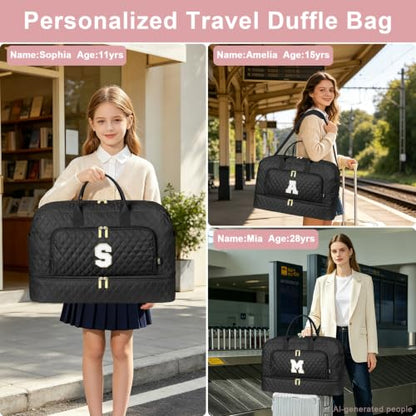 TIBES Birthday Graduation Gift for Her, Initial Weekender Bag for Women 45L - color: Black Diamond Quilted, style: L