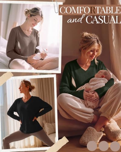 Huukeay 3 Pack Women's Long Sleeve Nursing Breastfeeding Shirts - color: Coffee, Army Green, Black, size: Large