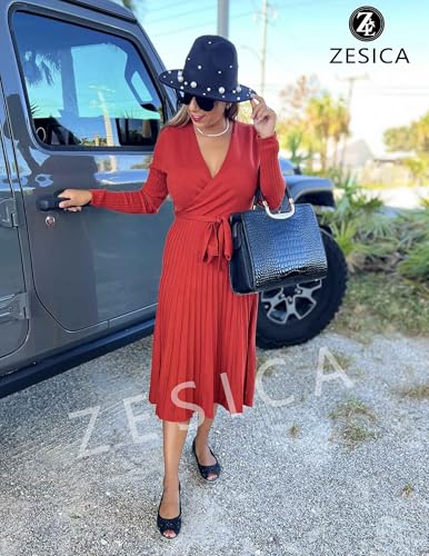 ZESICA Women's Long Sleeve Wrap Sweater Midi Dress with Belt - color: Rust, size: Small