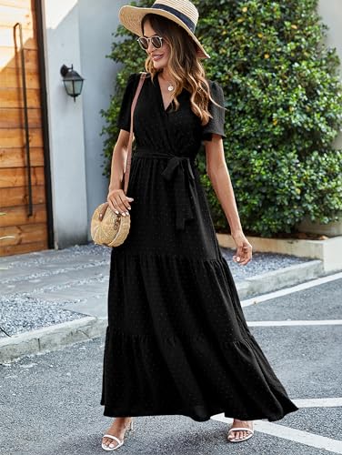 MASCOMODA Womens Summer Swiss Dot Maxi Dresses Wrap Boho Floral Long Dress - color: S-black, size: Medium