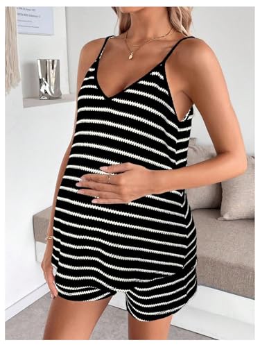 MakeMeChic Women's Maternity 2 Piece Striped Shorts Set - color: Black, size: Large