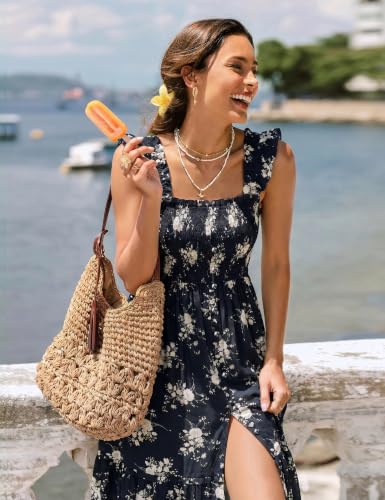 Women Summer Casual Midi Dress Square Neck Button Down Smocked Ruffle Strap Flowy Split Beach Sundress Pockets - color: Black Floral, size: Small