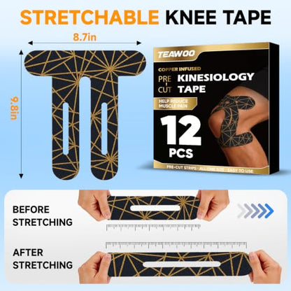 TEAWOO PreCut Kinesiology Tape for Knees, 12P Extra Adhesive Athletic Tape