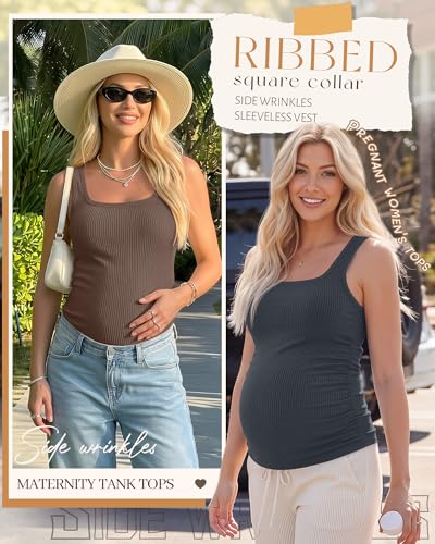 3 Pack Maternity Tank Tops Pregnancy Shirts - color: Charcoal Gray, Apricot, Brown, size: Medium