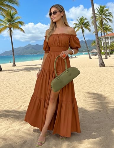 ZESICA Womens 2026 Summer Off Shoulder Boho Maxi Dress - color: Caramel, size: Small