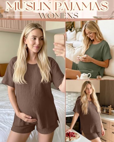 Riyiper 4 Pcs 100% Cotton Maternity Pajamas Sets - color: Army Green, Light Brown, size: Large