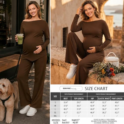 Bhome Maternity Sets 2 Piece Outfits Casual Pregnancy Loungewear - color: Brown, size: Large