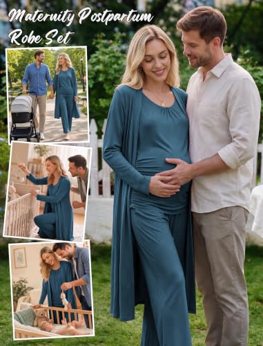 Women 3PCS Maternity Robe Sets Nursing Pajamas Postpartum Breastfeeding Pjs - color: Dark Blue, size: Medium