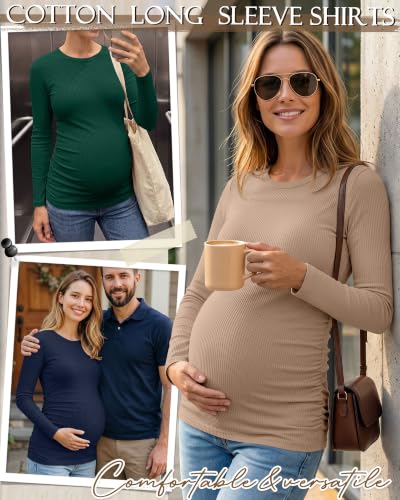 Ficerd 4 Pack Women's Maternity Shirts Long Sleeve Pregnancy Top - color: Black, Dark Green, Navy Blue, Khaki, size: Large