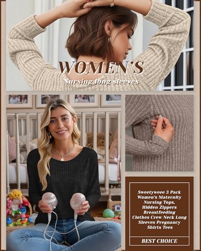 3 Pack Maternity Nursing Ribbed Long Sleeve Tops - color: Black, Apricot, Coffee, size: Large