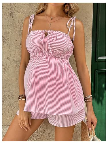 MakeMeChic Women's Maternity 2 Piece Summer Striped Sets - color: Pink, size: Medium