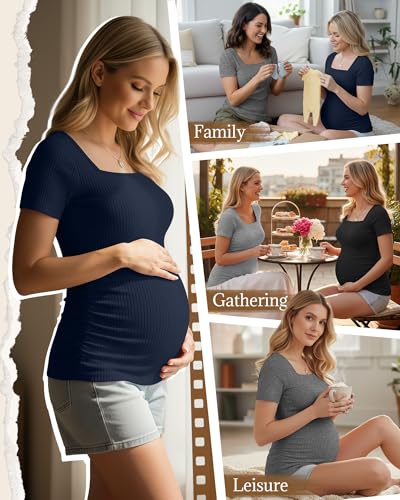 Huukeay 4 Pack Women's Short Sleeve Maternity Shirts - color: Black, Dark Gray, Heather Gray, Navy Blue, size: Large