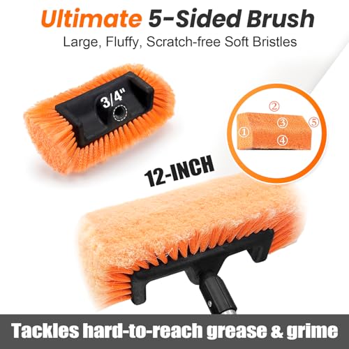 ARTIPOLY 65" Five-Sided Car Wash Brush with Extension Pole, Car Wash 12" Dip Soft Five-Sided Brush, No Scratch Car Cleaning Brush Supplies for RV Boat Truck SUV, House Siding, Snow - color: Orange, size: 12" brush 65" pole