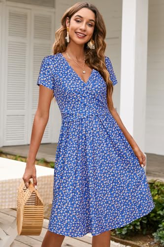 OUGES Women's Wrap V Neck Summer Casual Maternity Nursing Dress - color: Blue Yellow Floral, size: Medium