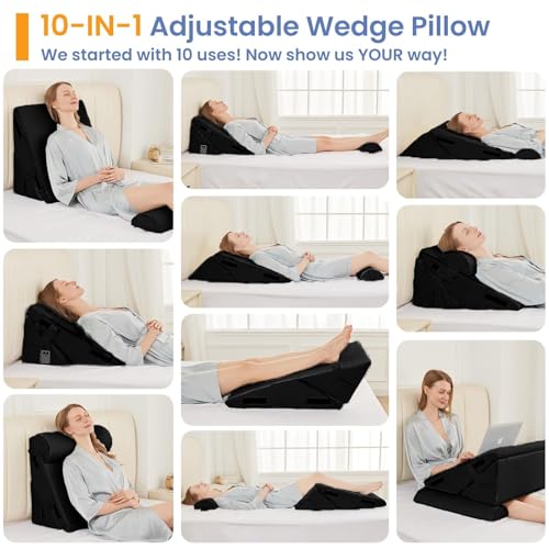 Sasttie Adjustable Wedge Pillow Set for After Surgery, Black - color: Black, size: Adjustable 9&12 Inch + 1 Head Pillow