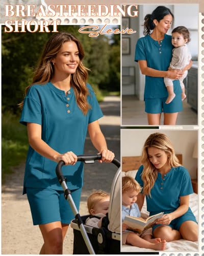 Maternity Nursing Pajama Set - color: Blue Green, size: XX-Large